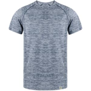 A grey marled adult T-shirt with a logo, featuring short sleeves and a crew neck design.