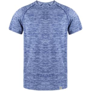 A blue marled adult t-shirt with short sleeves, featuring a logo on the hem.