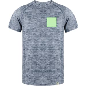 A blue and grey marled adult t-shirt with a green patch pocket and a logo on the hem.