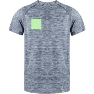 A blue-marled adult T-shirt with a textured pattern and a small logo on the front.