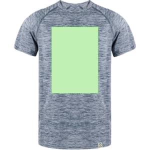 A grey and blue adult T-shirt with a plain green rectangular area in the centre and a logo at the bottom.