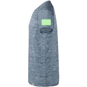 A side view of a blue marled adult T-shirt featuring a plain green patch on the sleeve and a logo.