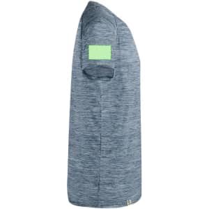 A blue-grey adult t-shirt featuring a subtle pattern and a logo on the sleeve.
