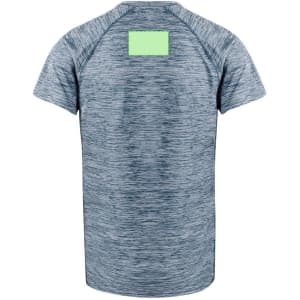 A blue marled adult t-shirt with a short sleeve and a blank patch on the back. Features a logo on the front.