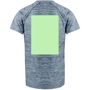 A blue marled short-sleeve adult T-shirt featuring a large blank green area on the back and a logo.