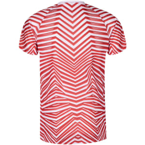 A red and white adult T-shirt featuring a zigzag pattern and a logo on the back.