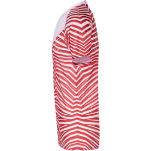 A red and white striped adult T-shirt featuring short sleeves and a branded logo.