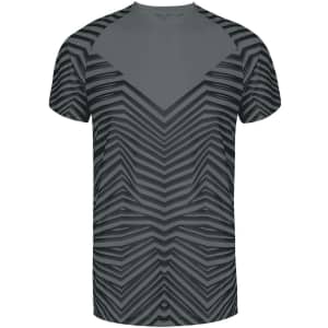 A grey adult T-shirt featuring a zigzag striped pattern and a logo.
