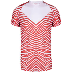 A red and white adult T-shirt featuring a zigzag stripe pattern and a logo on the front.