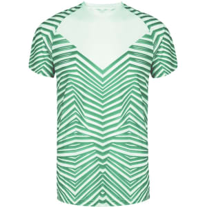 A green and white adult T-shirt featuring a geometric striped pattern and a logo on the front.