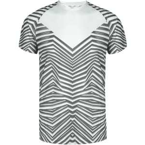 A grey and white patterned adult t-shirt featuring zigzag stripes and a logo on the front.