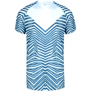 A blue and white adult T-shirt featuring a zigzag striped pattern and a logo.