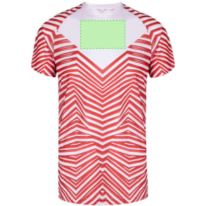 A red and white striped adult T-shirt featuring a distinctive chevron pattern and blank space for customization.