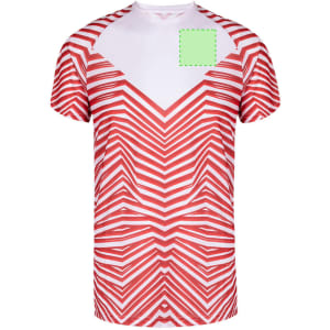 A red and white adult T-shirt with a zigzag pattern and a logo on the front.