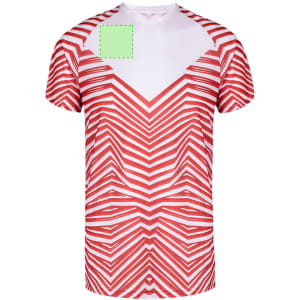 A short-sleeved adult T-shirt featuring a red and white zigzag pattern, with a logo on the top left.