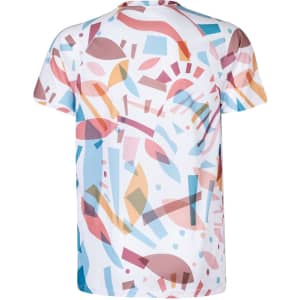 A multicoloured adult T-shirt featuring an abstract geometric pattern in shades of pink, blue, and cream. It has a logo.
