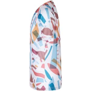 A side view of a Tecnic Baraky Adult T-Shirt featuring an abstract pattern in shades of blue, red, and beige.