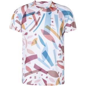 A short-sleeved adult T-shirt featuring a abstract pattern in shades of blue, pink, and beige on a white background.