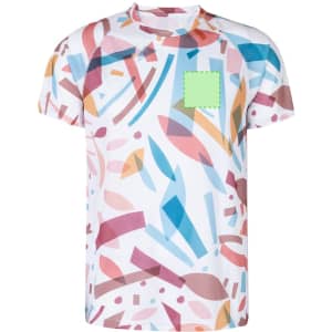 A vibrant adult T-shirt featuring a mix of colourful abstract patterns on a white background and a small logo.
