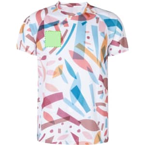A white adult T-shirt featuring an abstract pattern in blue, pink, and orange, with a logo on the front.