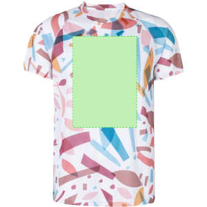 A multicoloured adult T-shirt featuring an abstract pattern in pink, blue, and orange, with a blank green panel.
