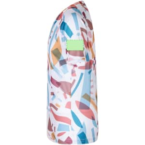A side view of a multicoloured adult t-shirt featuring abstract shapes and a logo on the sleeve.