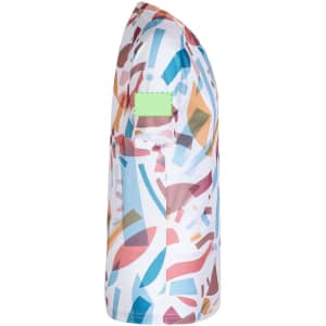 A side view of a multicoloured adult T-shirt with an abstract design and a visible logo on the sleeve.