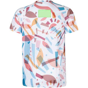 A colourful, abstract-patterned adult t-shirt featuring various shapes in pastel hues and a branded label on the back.