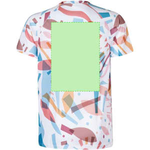 A multicoloured adult T-shirt featuring an abstract pattern and a blank green area on the back, with a logo.