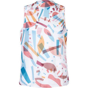 A sleeveless adult t-shirt in white with a multicoloured abstract pattern, featuring various shapes and tones.