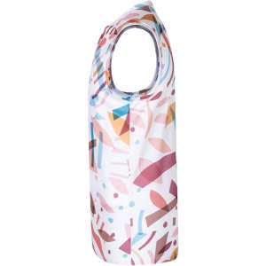 A sleeveless adult T-shirt in white with geometric patterns in pastel colours including pink, blue, and orange. It has a logo.