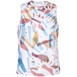 A sleeveless T-shirt with a colourful abstract design featuring pink, blue, and orange shapes. It has a logo on it.
