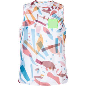 A sleeveless adult T-shirt featuring a bold abstract pattern in various colours including blue, pink, and orange. It has a logo patch.