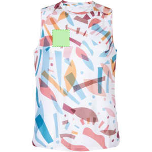 A sleeveless adult T-shirt featuring a colourful abstract pattern in pastel shades of pink, blue, and orange.