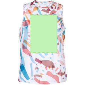 A sleeveless adult t-shirt with a colourful abstract pattern in pink, blue, and white, featuring a blank green area.