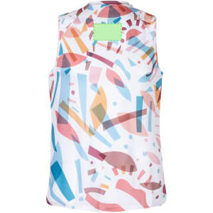 A sleeveless adult t-shirt in a vibrant abstract pattern featuring shades of blue, pink, and orange. It has a branding logo.