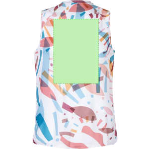 A colourful adult T-shirt featuring an abstract design in pink, blue, and white, with a blank green area on the back.