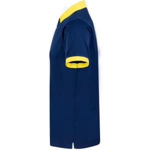 A navy blue polo shirt with a yellow collar and sleeve cuffs, featuring a logo on the chest.