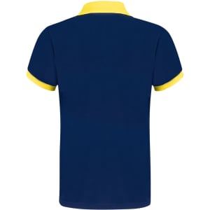 A navy blue polo shirt with a yellow collar and sleeve trim, featuring a logo on the front.