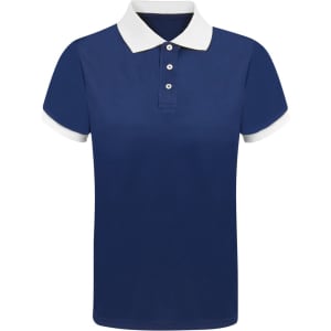 A navy blue polo shirt with a white collar and three buttons. Features a logo on the chest.