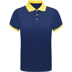 A navy polo shirt with a yellow collar and sleeve cuffs. Features a three-button placket and a logo.