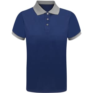 A polo shirt featuring a navy body with grey collar and sleeve trims, complete with a logo.