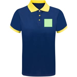 A navy polo shirt with a yellow collar and cuffs, featuring a green square pocket. Includes a logo.