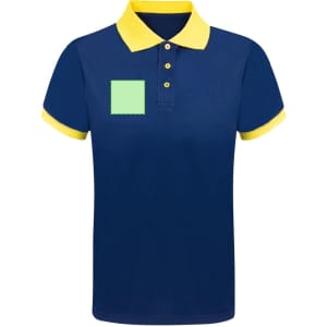 A navy blue polo shirt with a yellow collar and sleeves, featuring a green square patch.