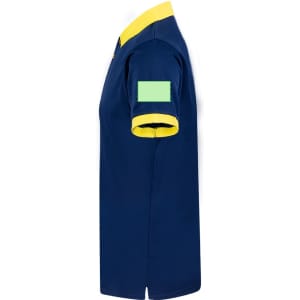 A navy polo shirt with a yellow collar and a green patch on the sleeve. It features a logo on the front.