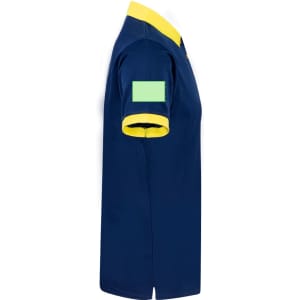 A navy blue polo shirt with a yellow collar and cuffs, featuring a logo on the sleeve.