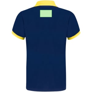A navy polo shirt with a yellow collar and a green patch on the back. It features a logo.