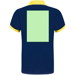 A navy polo shirt with a yellow collar and a blank green rectangular area on the back, featuring a logo.