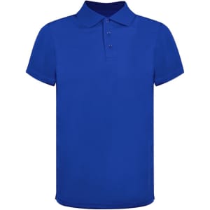 A blue polo shirt with a classic collar and three buttons, featuring a logo on the chest.