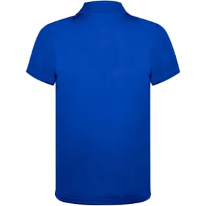 A blue polo shirt featuring a collar and short sleeves, with a logo on the front.